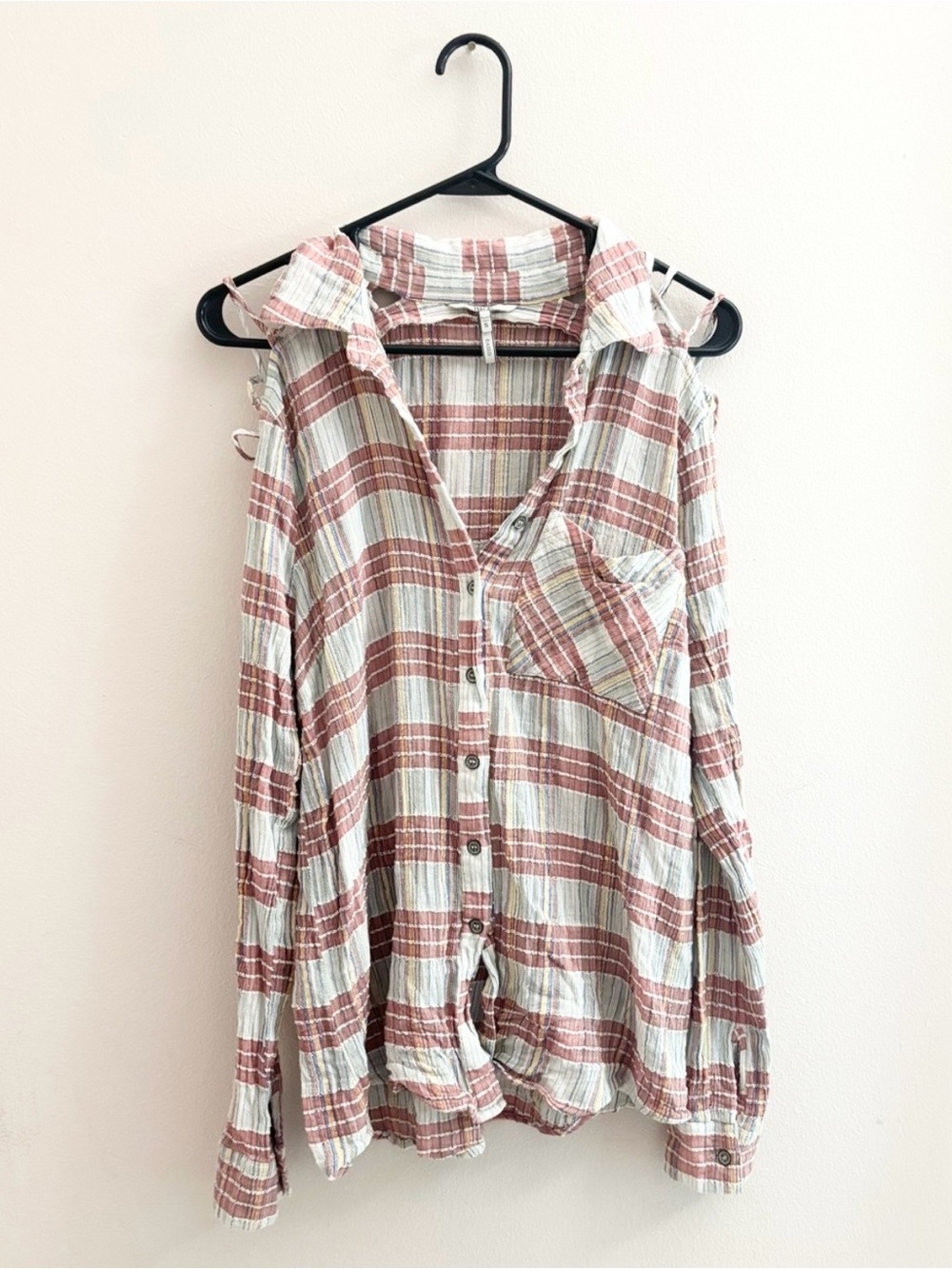 BKE Plaid Button-Up Cold Shoulder Long Sleeve - Rust & White